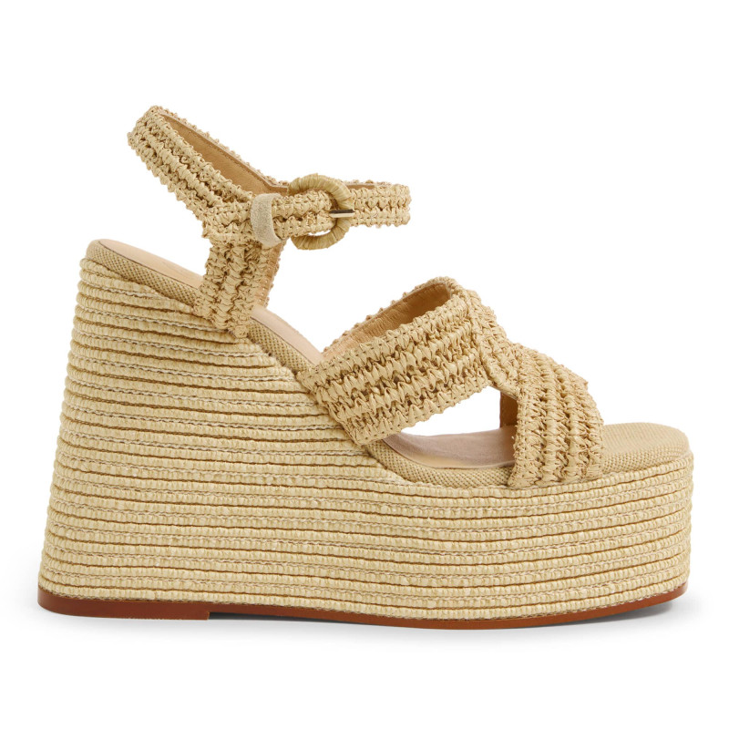 Sandalias Fiodora en rafia, cierre lateral de pulsera con hebilla metálica.