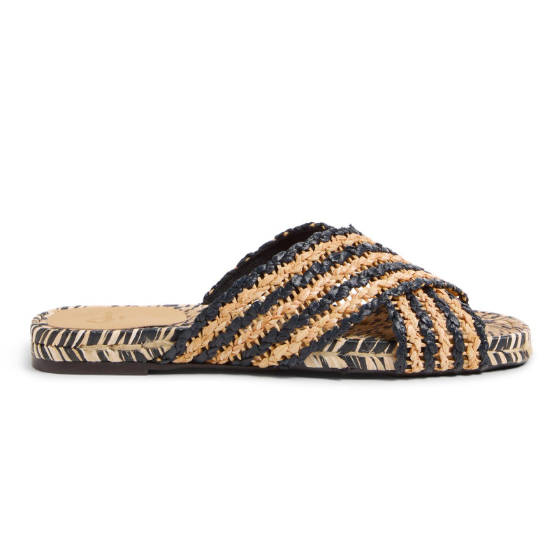 Sandalias planas Pat con su diseño bicolor en rafia natural.
